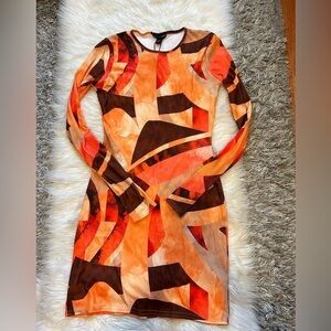 Orange and Brown Abstract Print Dress